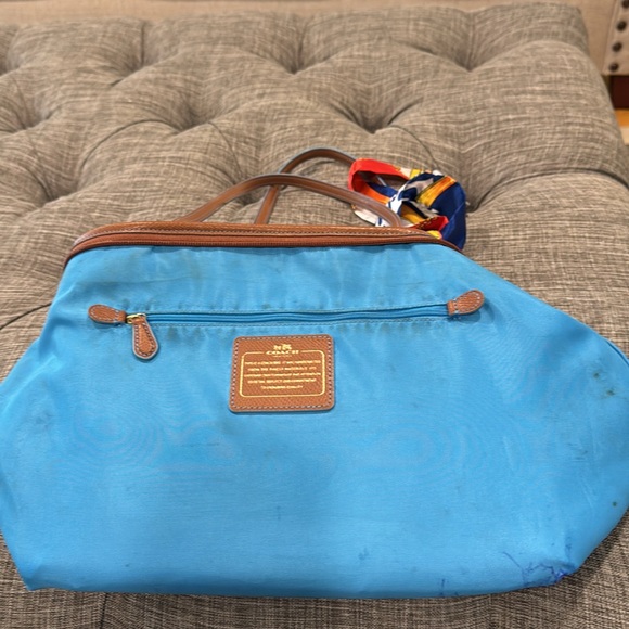 Coach Bag Canvas and Leather Trimmed Blue and Brown Tote - Picture 14 of 17